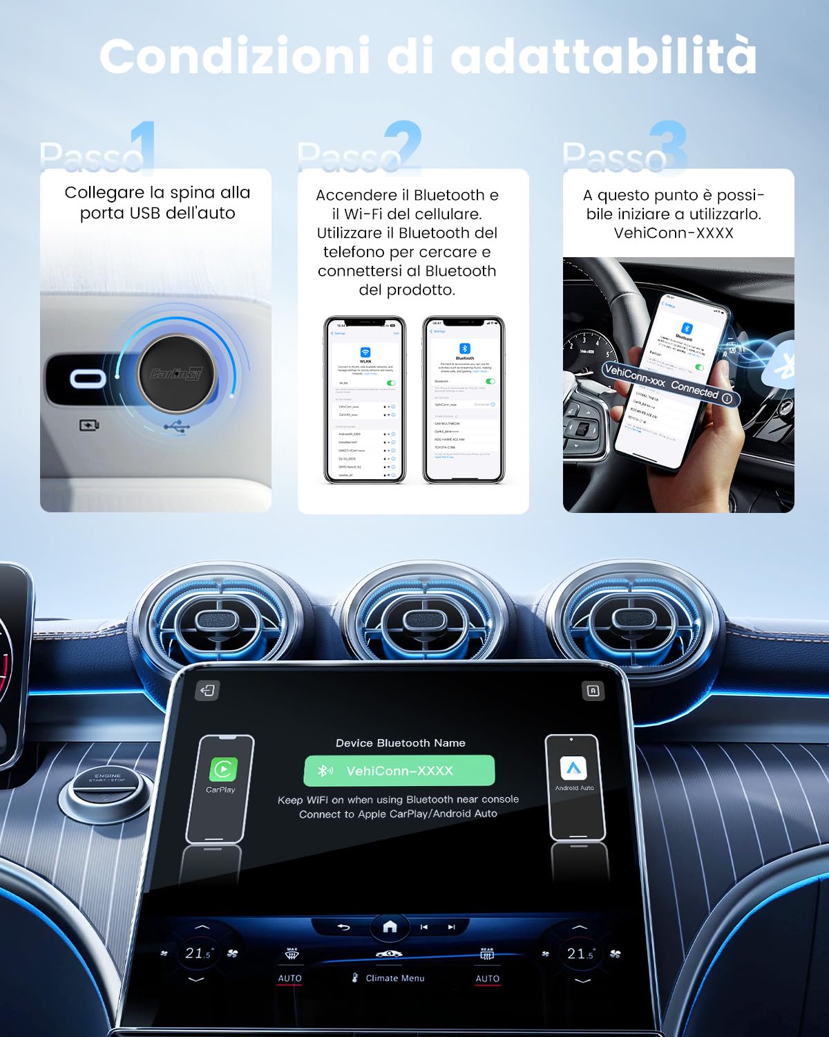 CarlinKit Adattatore wireless MINI-Ultra 3 - Converte CarPlay/Android Auto cablato in wireless, Plug-and-play, USB/Type-C, aggiornamento OTA