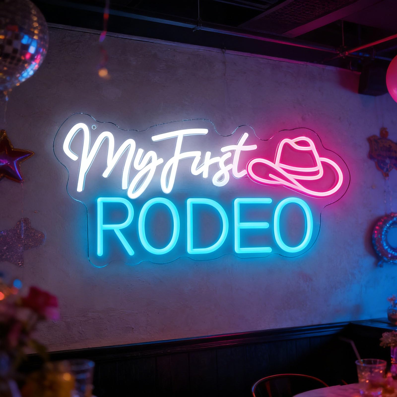 My First Rodeo Neon Sign Features Dimmable LED Light Sign for Children's Themed Party Western Style Restaurant Cowboy Culture Festival Living Room(16.9 * 7.9in)