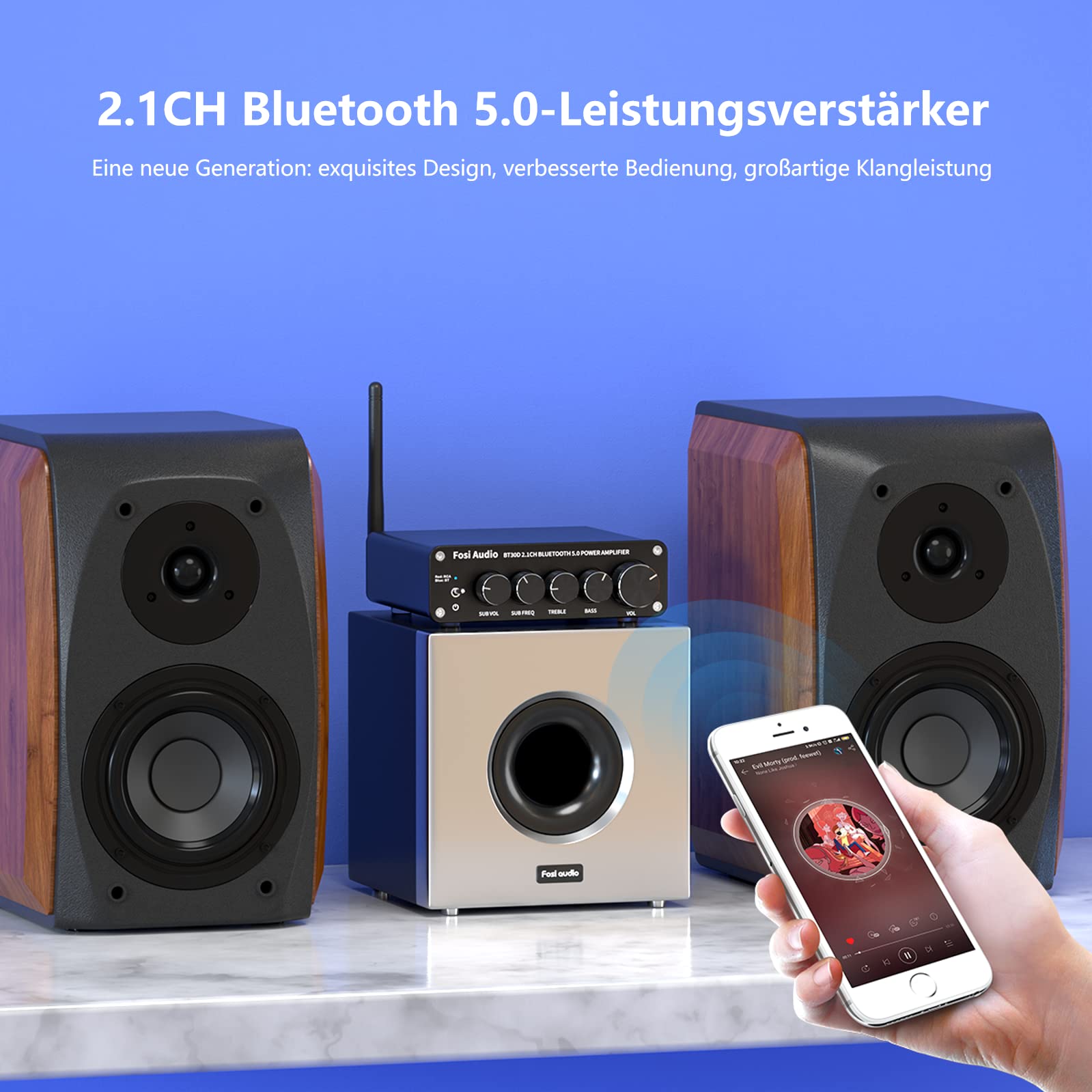 Fosi Audio BT30D Bluetooth 5.0 Stereo Audio Receiver Verstärker 2.1-Kanal Mini Hi-Fi Verstärker der Klasse D mit 50 Watt x2+100 Watt für Heim Außen Passiv Lautsprecher/Subwoofer Aktiv Subwoofer