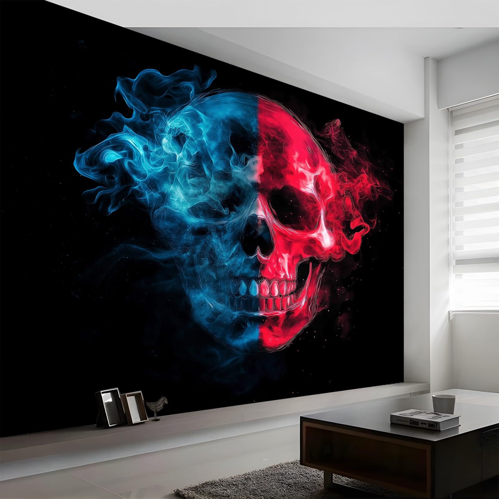 Panoramiczna tapeta fantazyjna czaszka płomień czerwony niebieski 200 x 140 cm (szer. x wys.) ogromny plakat ścienny niestandardowy 3D do salonu pokój dziecięcy dekoracja ścienna nowoczesna włóknina
