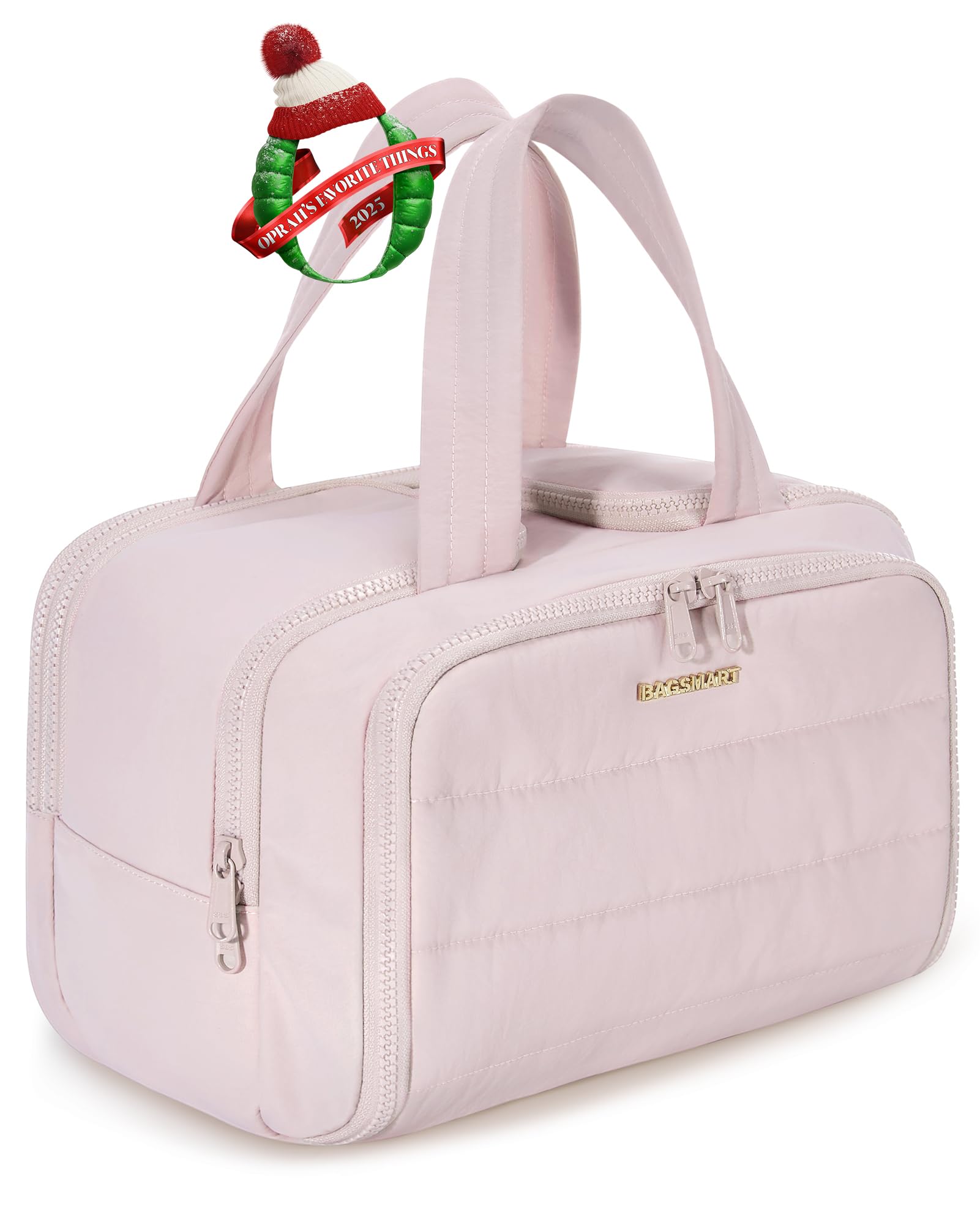 BAGSMART Travel Toiletry Bag, Crush Toiletry Bag for Women, Wide-open Puffy Toiletry Bags for Traveling, Large Travel Cosmetic Makeup Bag Organizer for Accessories,Toiletrie, Pink
