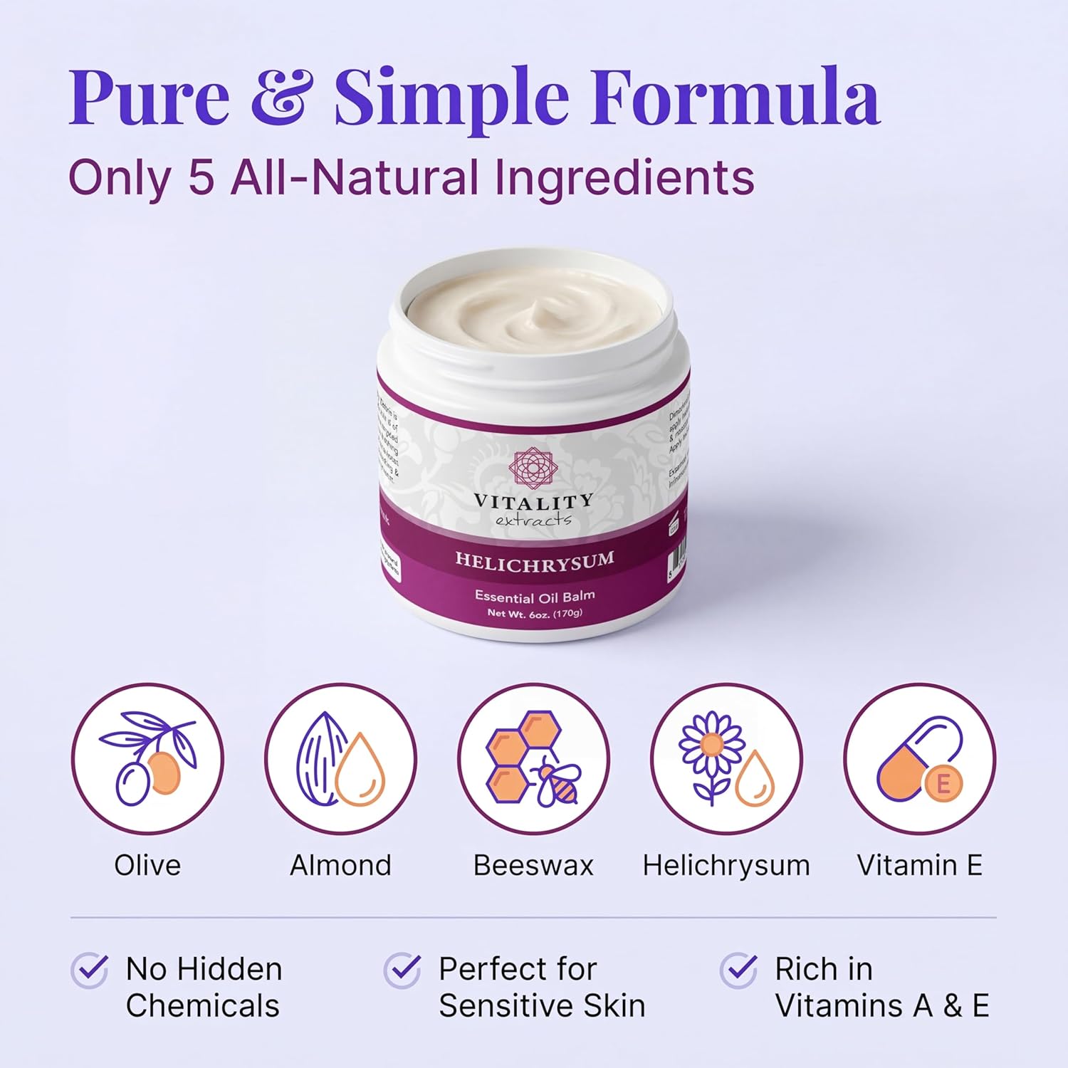 Vitality Extracts Helichrysum Balm - 6oz, Helichrysum Gymnocephalum, Beeswax, Almond Oil, Ultra-Moisturizing, Skin Healing, Full Body Hydration