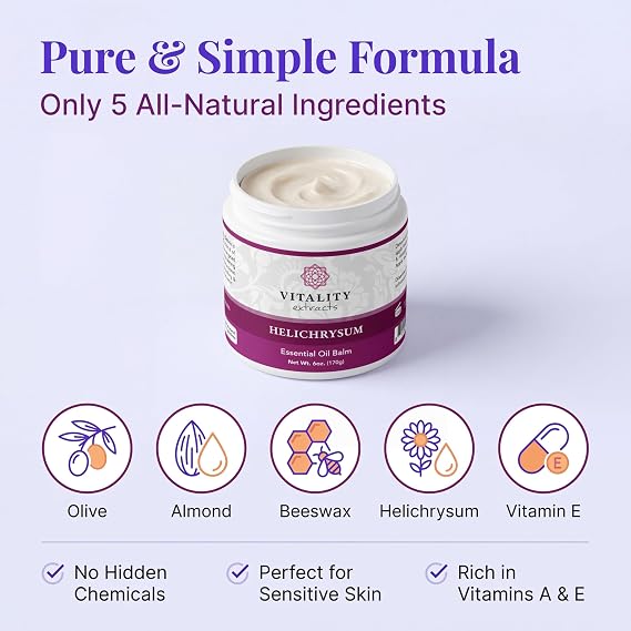 Vitality Extracts Helichrysum Balm - 6oz, Helichrysum Gymnocephalum, Beeswax, Almond Oil, Ultra-Moisturizing, Skin Healing, Full Body Hydration