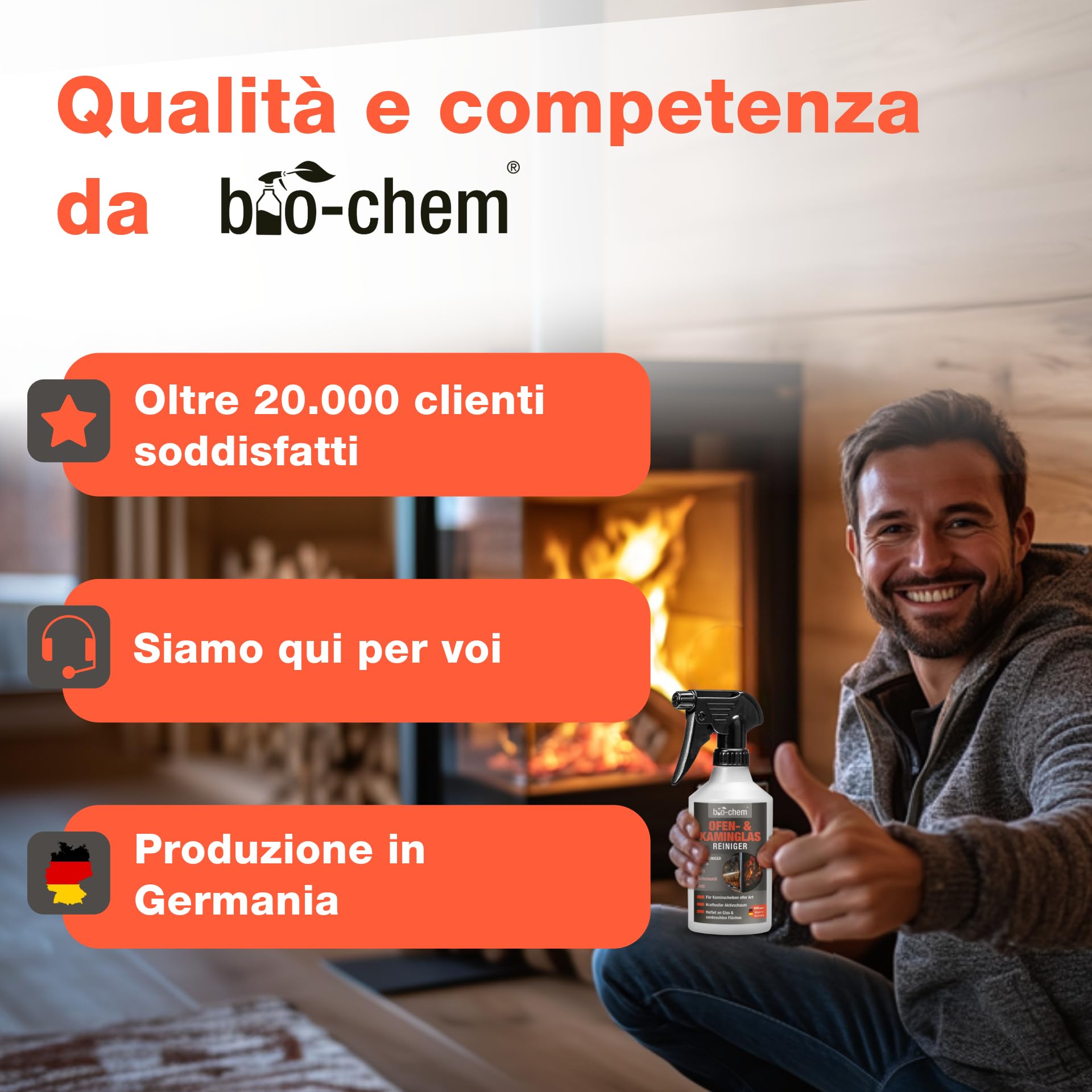 bio-chem Detergente vetro camino stufa inserto 3x 500ml + panno microfibra | Pulitore vetri e caminetti, anche per forno - Manutenzione delle superfici vetrate degli apparecchi riscaldanti