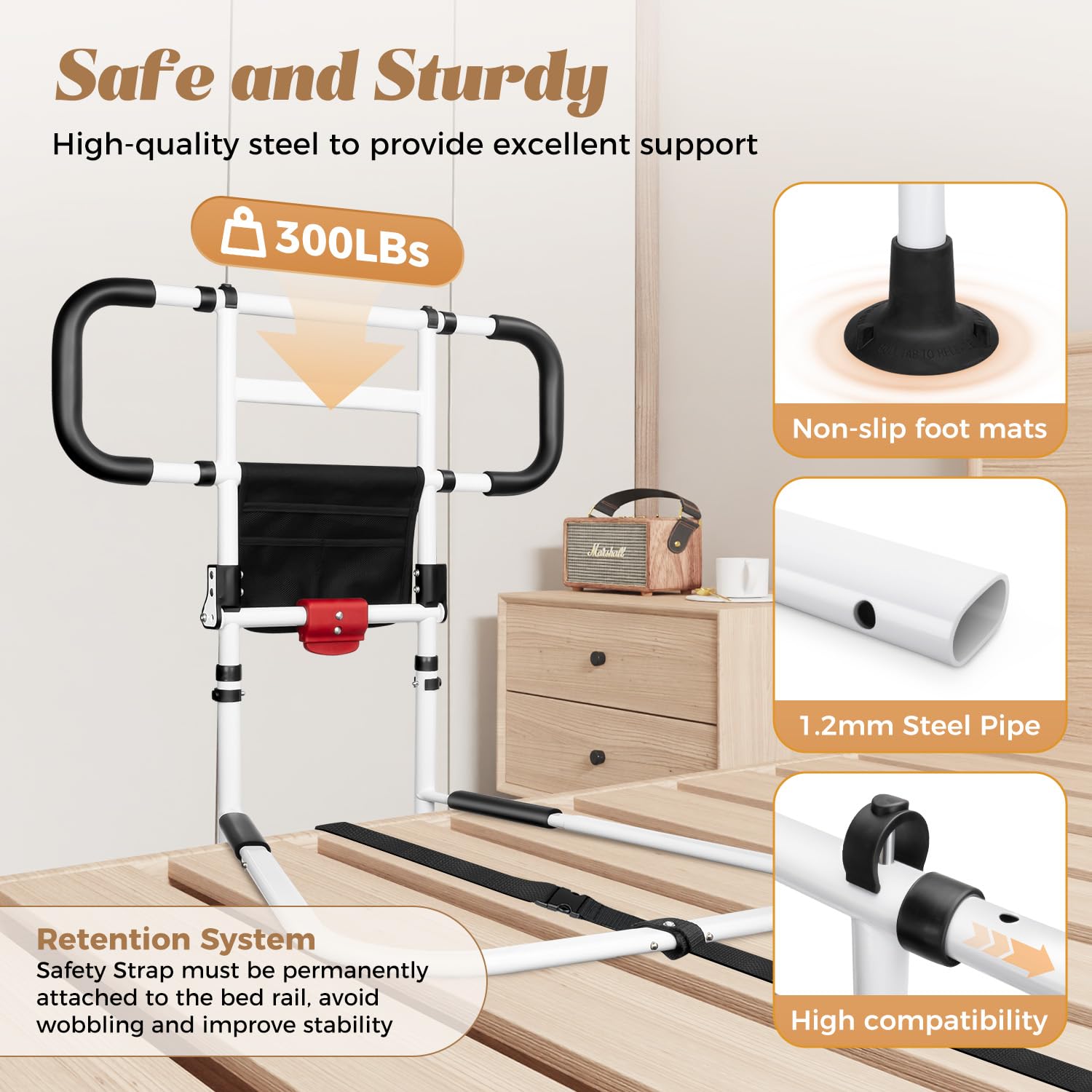 Riel de cama plegable para adultos mayores con luz de sensor de movimiento, mango de asistencia de seguridad ajustable con correas seguras, soporte de mesita de noche resistente, se adapta a