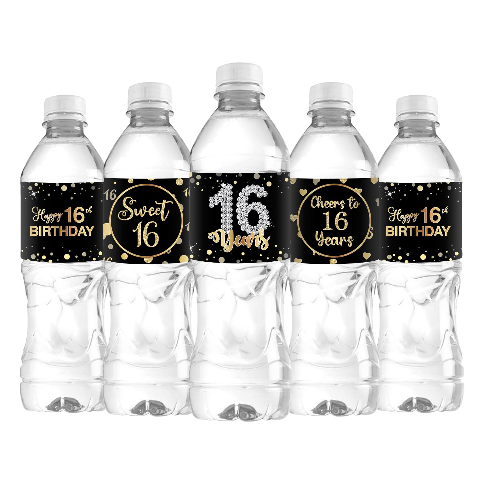 WIDEIDEAL 33Pcs Happy 16th Birthday Water Bottle Labels, Sweet 16 Labels Stickers, Cheers to 16 Years Anniversary Party Decorations Supplies - Black