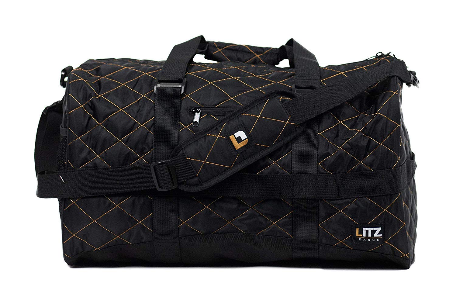 Litz DanceTravel Duffle - 21 IN Girl’s Duffle Bag w/Adjustable Straps & Multiple Pockets - Cute Duffle Bag, Cheer Bag, Gymnastics Bag, Weekender Tote - Kids Duffle Bag - Black w/Gold Stitching