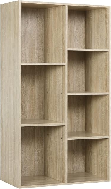 WOLTU 4-Tier Wooden Bookcase Book Display Shelves Storage Cloth Organizer Cube Shelves, 7 Cubes, Oak Rack for Office, Living Room, Bedroom, Study Room Shelves SK004hei-UK