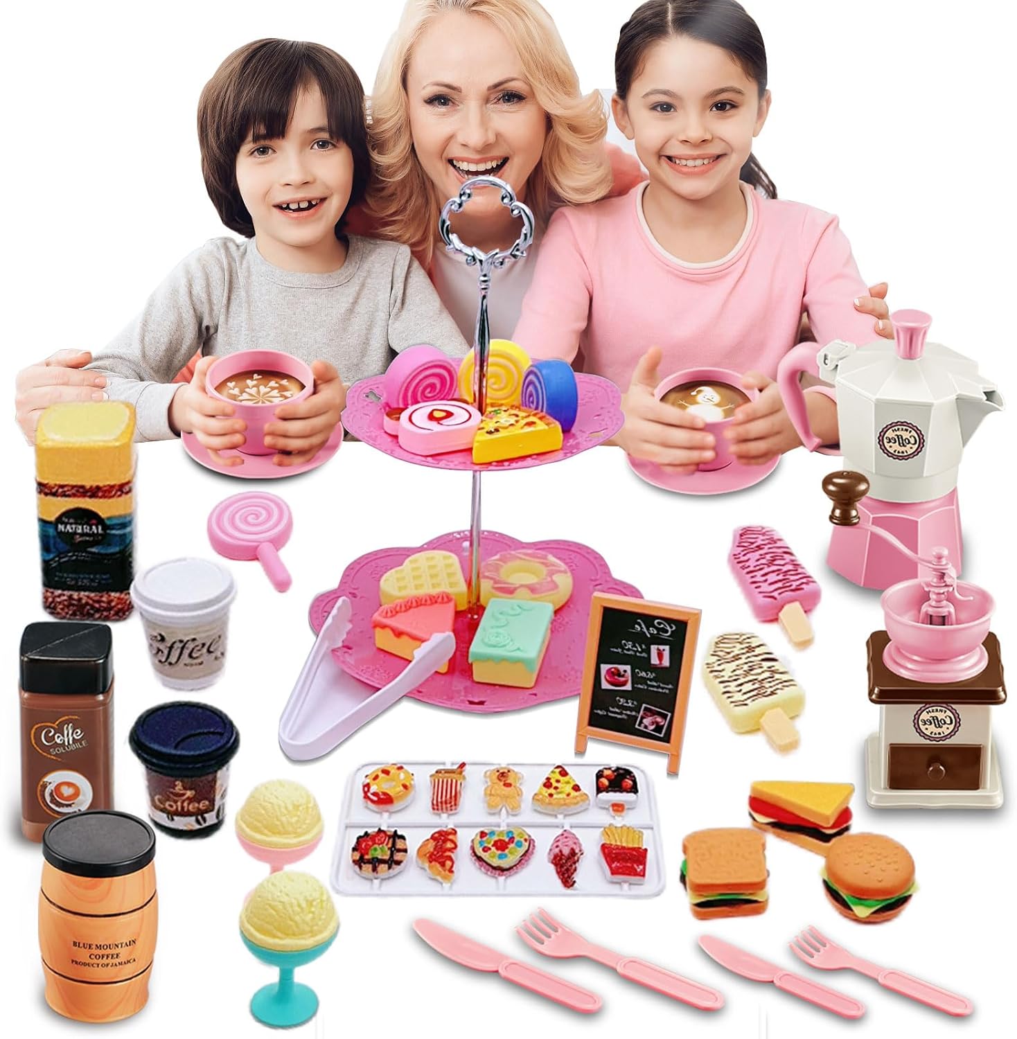 Pretend Tea Party Set for Little Girls, 48 PCS Coffee Maker Set and Play Food Dessert Set for Kids Age 3 4 5 6 7 8 9, Kids Kitchen Pretend Play for Princess Girls Boys(Pink)