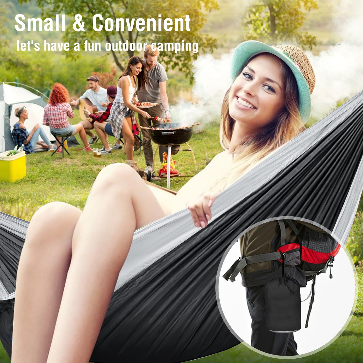 Hamaca para campamento, hamacas portátiles individuales/dobles para senderismo al aire libre, viajes, mochilero, hamaca de nailon 210D para patio trasero y jardín (negro/gris) 7