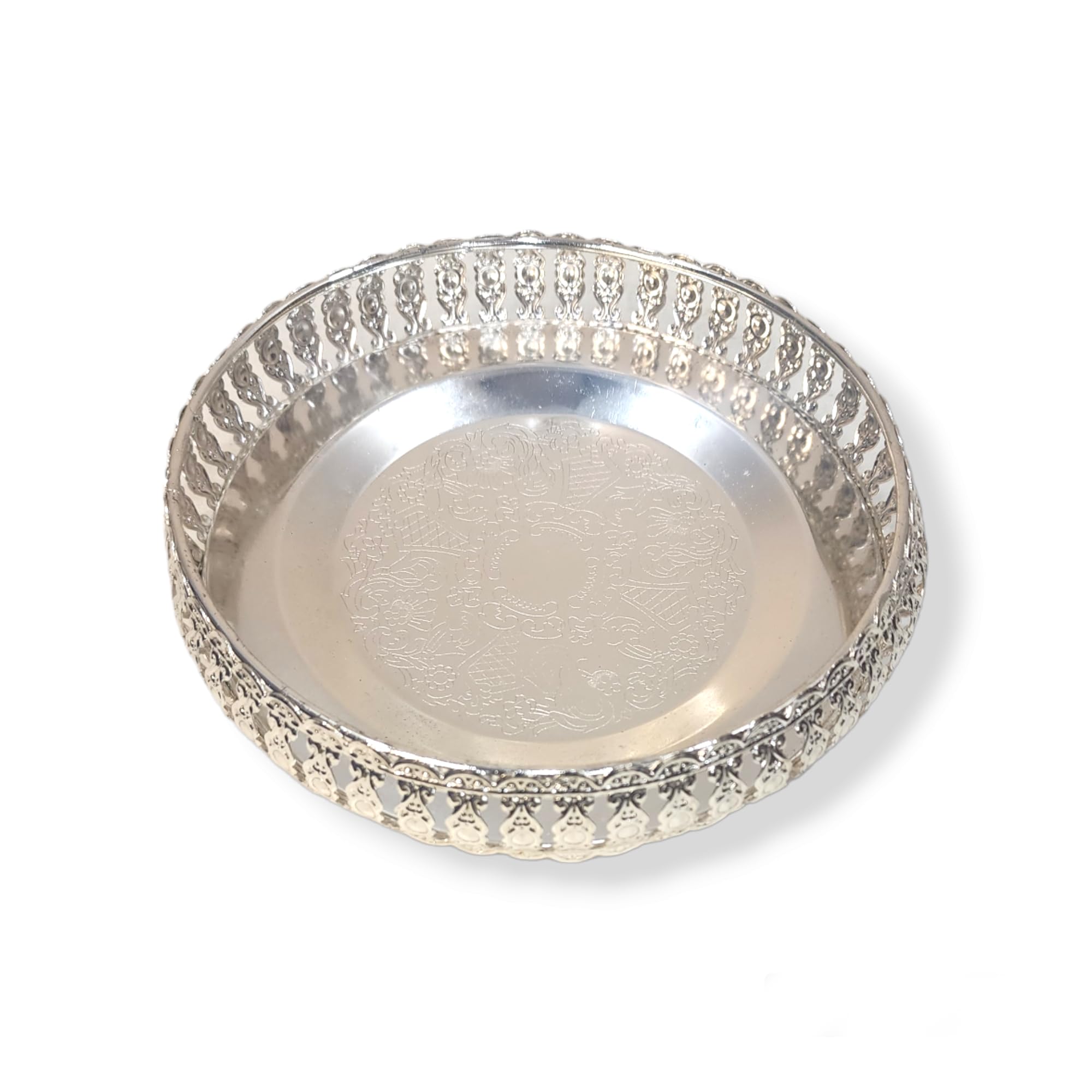 YRK Silver Colour Plate with 3 Legs 6.5 INCH | Tambalam | Parat | Marriage Gift Tray | German Silver Plate (6.5 INCH)