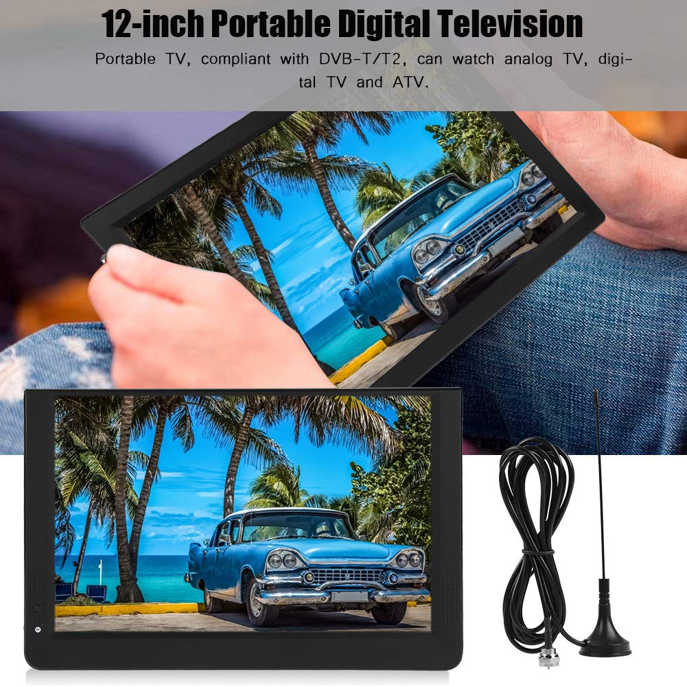 TV Portable 12 Pouces, Télévision Numérique T/T2 1080P 16: 9 avec 2 Haut-Parleurs pour Chambre à Coucher,Cuisine,Caravane,Voiture-Support Antenne/VGA/AV/Casque/HDMI/USB,Carte SD/MMC
