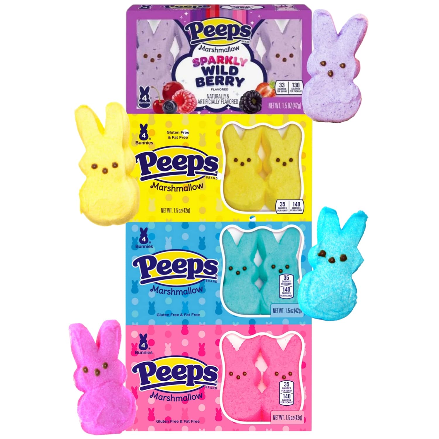 Amazon Com Peeps Marshmallow Candy Pink Blue Yellow Original Flavor And Wild Berry Purple Bunnies Shaped Marshmallows Easter Basket Stuffers For Boys And Girls Pack Of 4 Grocery Gourmet Food