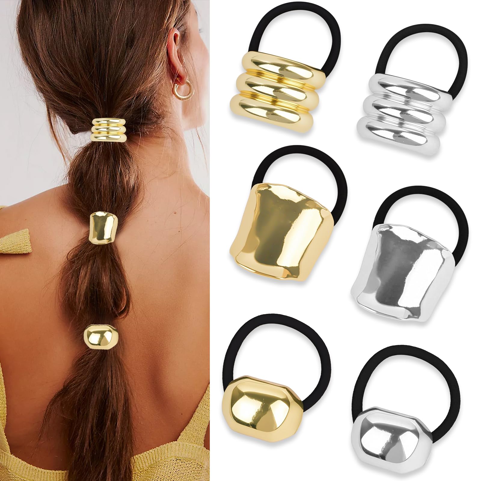 ANBALA Hair Ties for Women, Silver & Gold Hair Cuffs, Metal Ponytail Cuff for Thick Hair Geometric Elastic Hair Ties for Women 6PCS