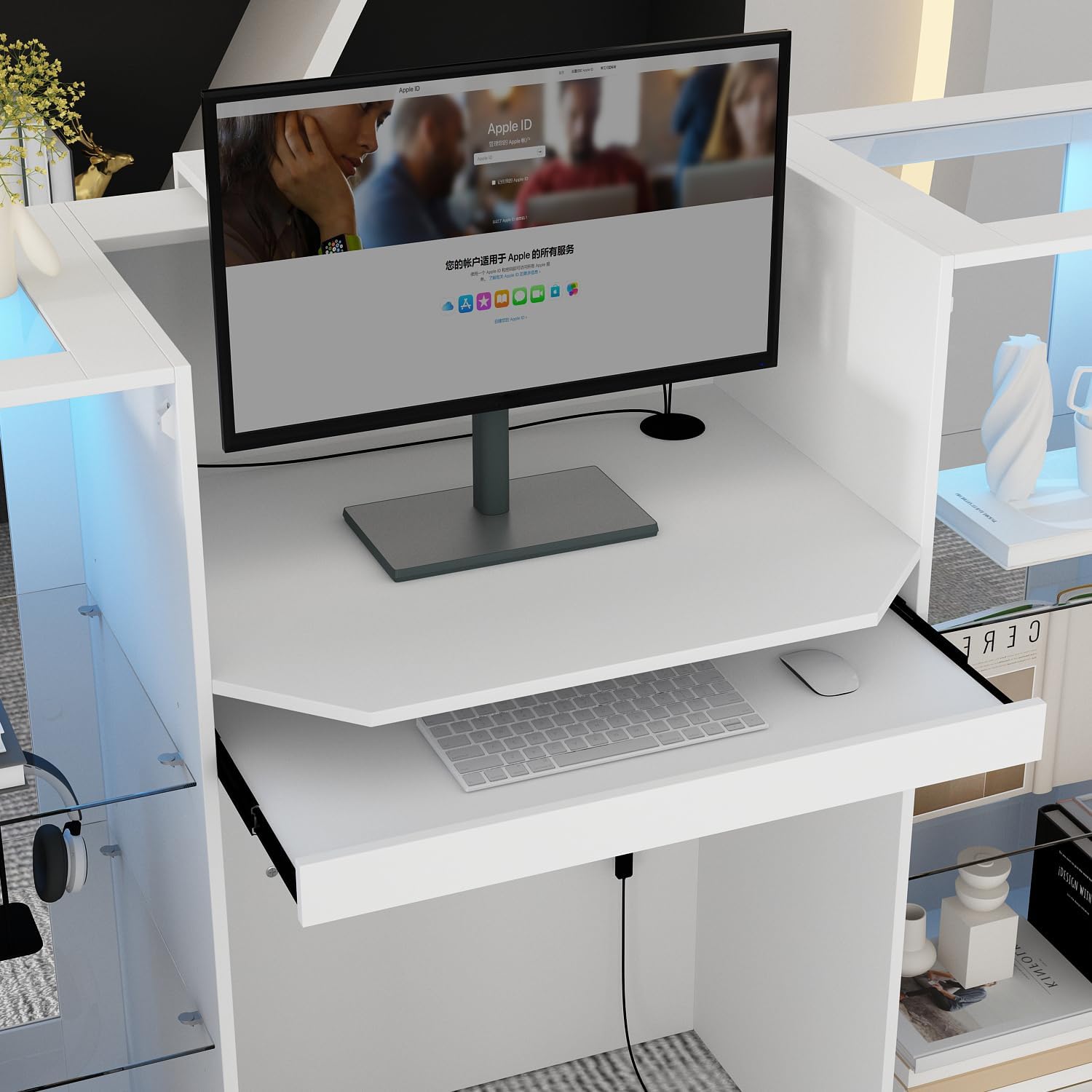 Reception Desk with Counter, 59.1 inch Front Desk with LED Light & Glass Sheves, Reception Room Table with Cable Grommet, Retail Counter Salon Reception for Checkout, White