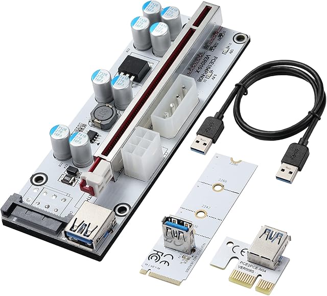 BEYIMEI PCI-E Riser, M.2 NGFF to PCIE 16X GPU Riser Card M Key PCIE m.2 Adapter, PCI Express 1X to 16X VER010-X (4PIN/6PIN/SATA) + USB 3.0 Cable, 8 Solid Capacitors, for Bitcoin Crypto Ethereum Mining