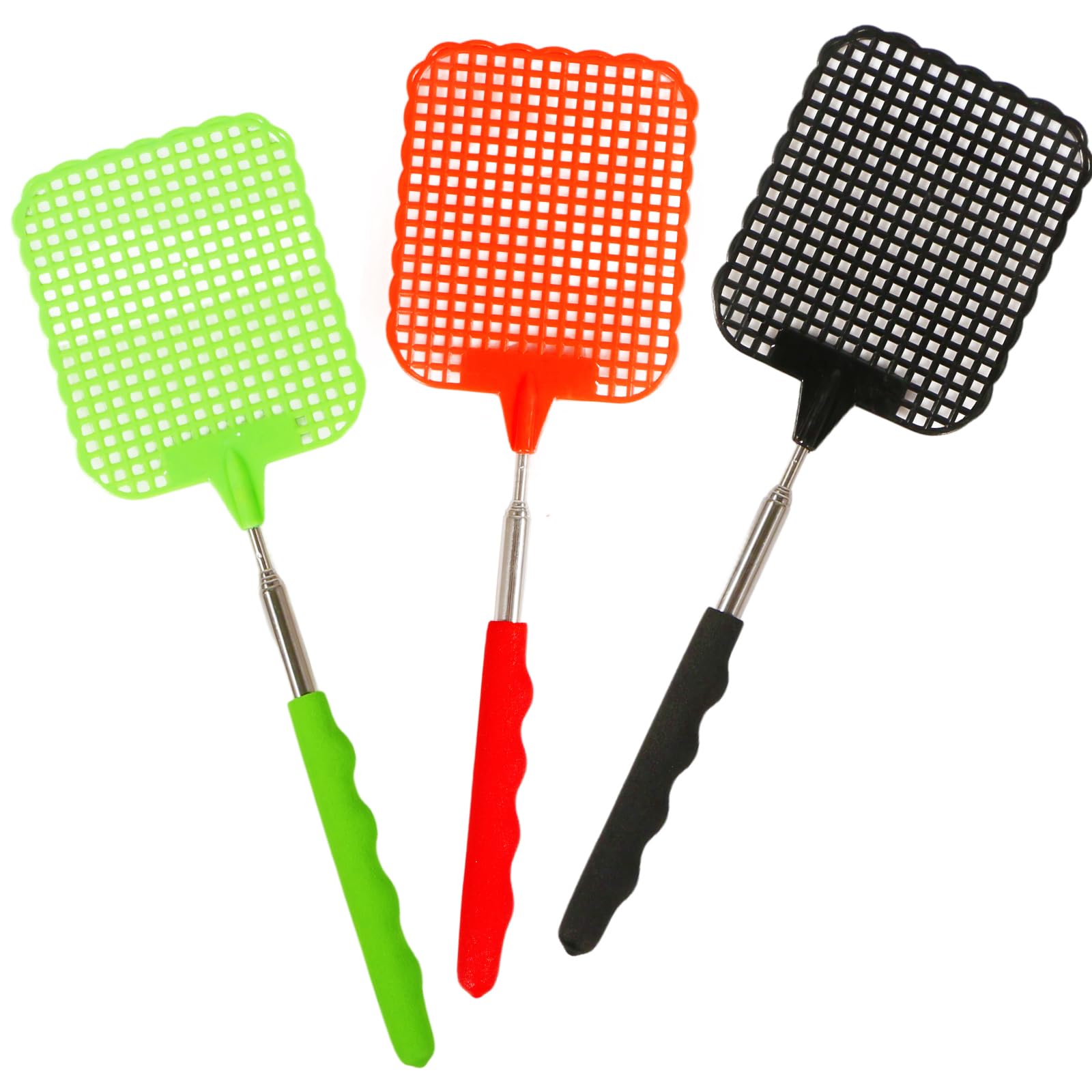 JEKUGOT Extendable Fly Swatter, 3 Pack Fly Swatters Plastic, Colorful Flys Zapper Racket for Indoor Outdoor, Wasps, Insects, Garden (Red, Green, Yellow)