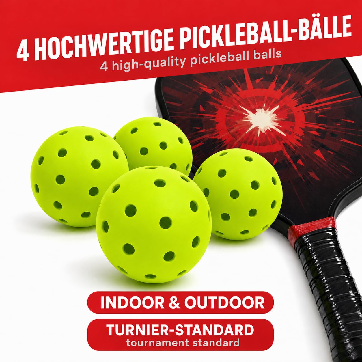 Blaze Pickleball Set - 2 raquettes de pickleball + 4 balles USAPA + sac - Pagaie en fibre de verre - Kit complet pour débutants et confirmés (rouge/noir)