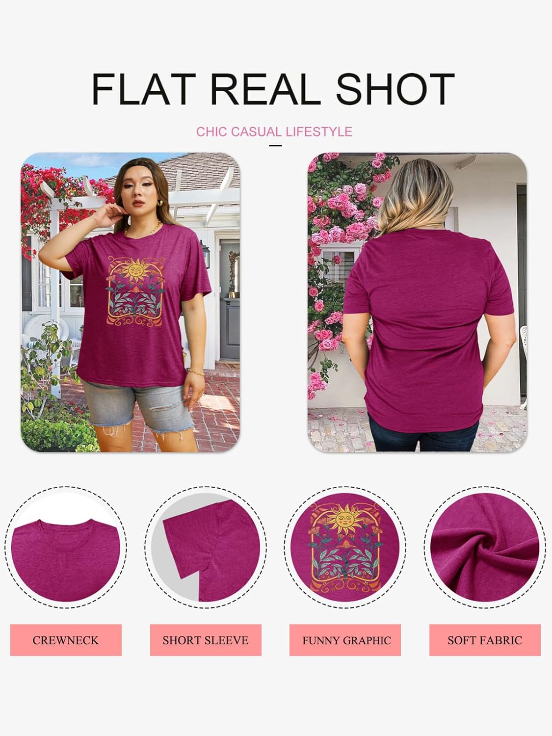 Plus Size Tops for Women Vintage Floral Graphic Tee Shirts Crewneck Short Sleeve Cozy Comfy Casual T-Shirt - Image 5