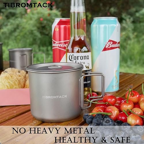 Miniatura 4 de TIBROMTACK Taza de titanio para acampar y viajar, 16.9 fl oz, taza de mochilero ultraligera con asas plegables y tapa al aire libre taza..