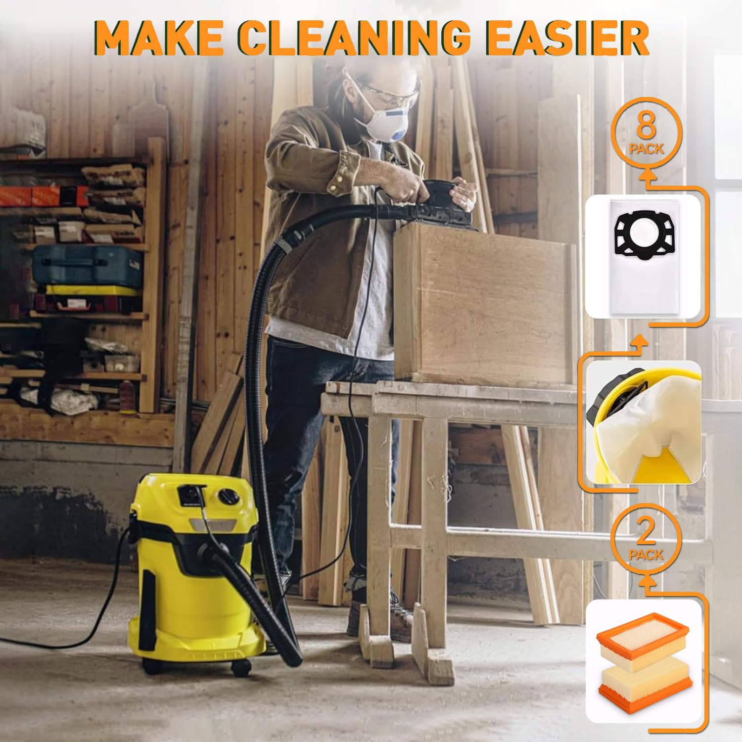 Worki do odkurzacza i filtr HEPA zestaw do Kärcher WD4 WD5 WD6 MV4 MV5 MV6 WD5P WD6P WD6P – kompatybilny z Kärcher KFI 487, KFI 4410 akcesoria do odkurzacza na mokro i sucho (8 worków + 2 filtry HEPA)
