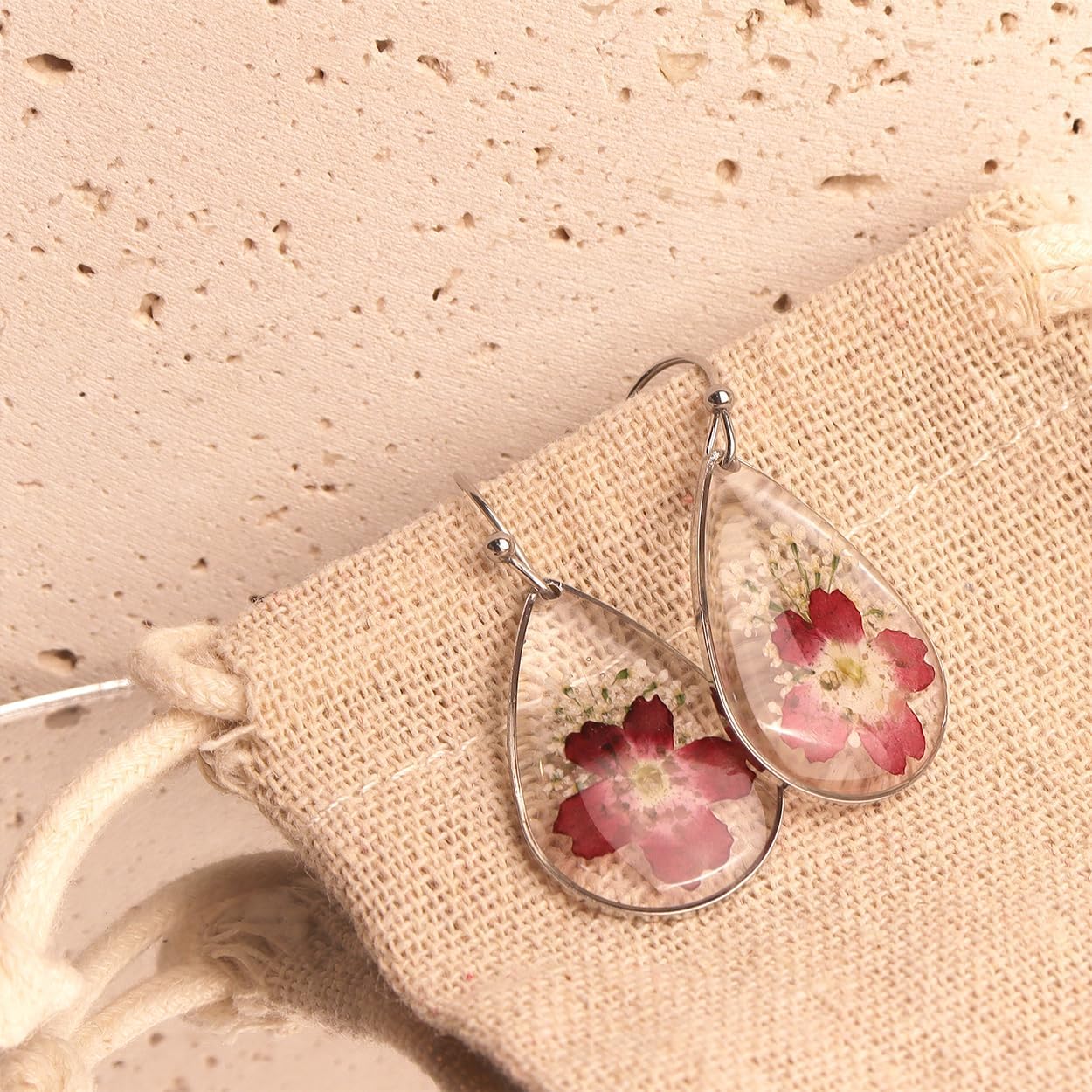 Jean Beau 925 Sterling Silver Pressed Flower Earrings for Women, Handmade Hypoallergenic Resin Dried Flower Teardrop Dangle Earrings, Nature Floral Jewelry Gift for Mom and Wife - Image 7
