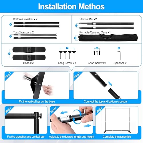 Miniatura 6 de FUDESY Soporte para telón de fondo de 8 x 8 pies, kit de soporte de fondo ajustable resistente con bolsa de transporte, soporte de marco de