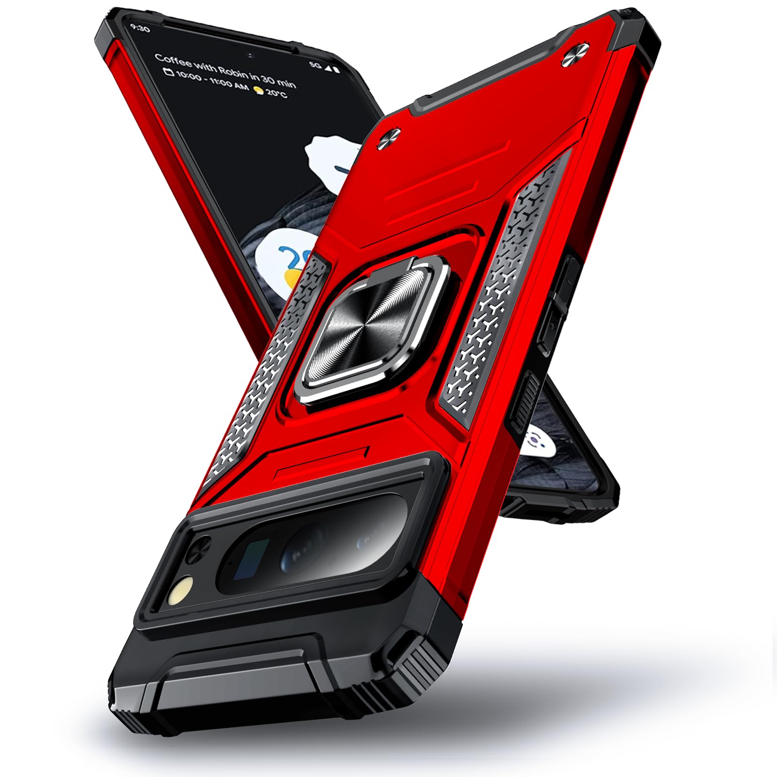 DASFOND Armor Hülle für Google Pixel 8 Pro mit Kameraschutz Case Militärische Stoßfeste Handyhülle [Upgrade 2.0] 360 ° Ständer Cover für Auto Magnet, Rot