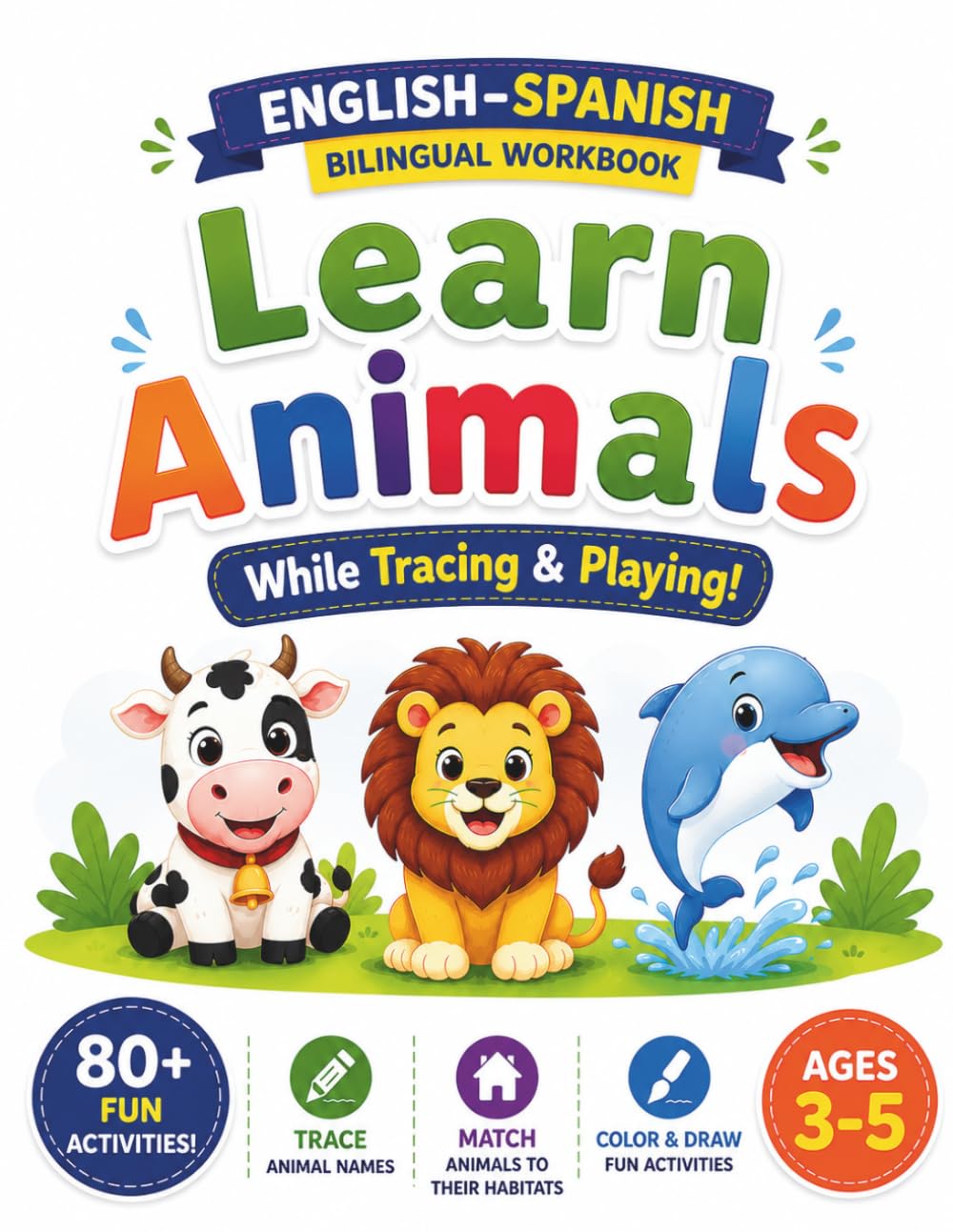 Learn Animals While Tracing & Playing!: English-Spanish Bilingual Activity Workbook for Kids Ages 3-5 | Trace, Find, Circle, Match and Draw Farm, Ocean, Jungle and Wild Animals