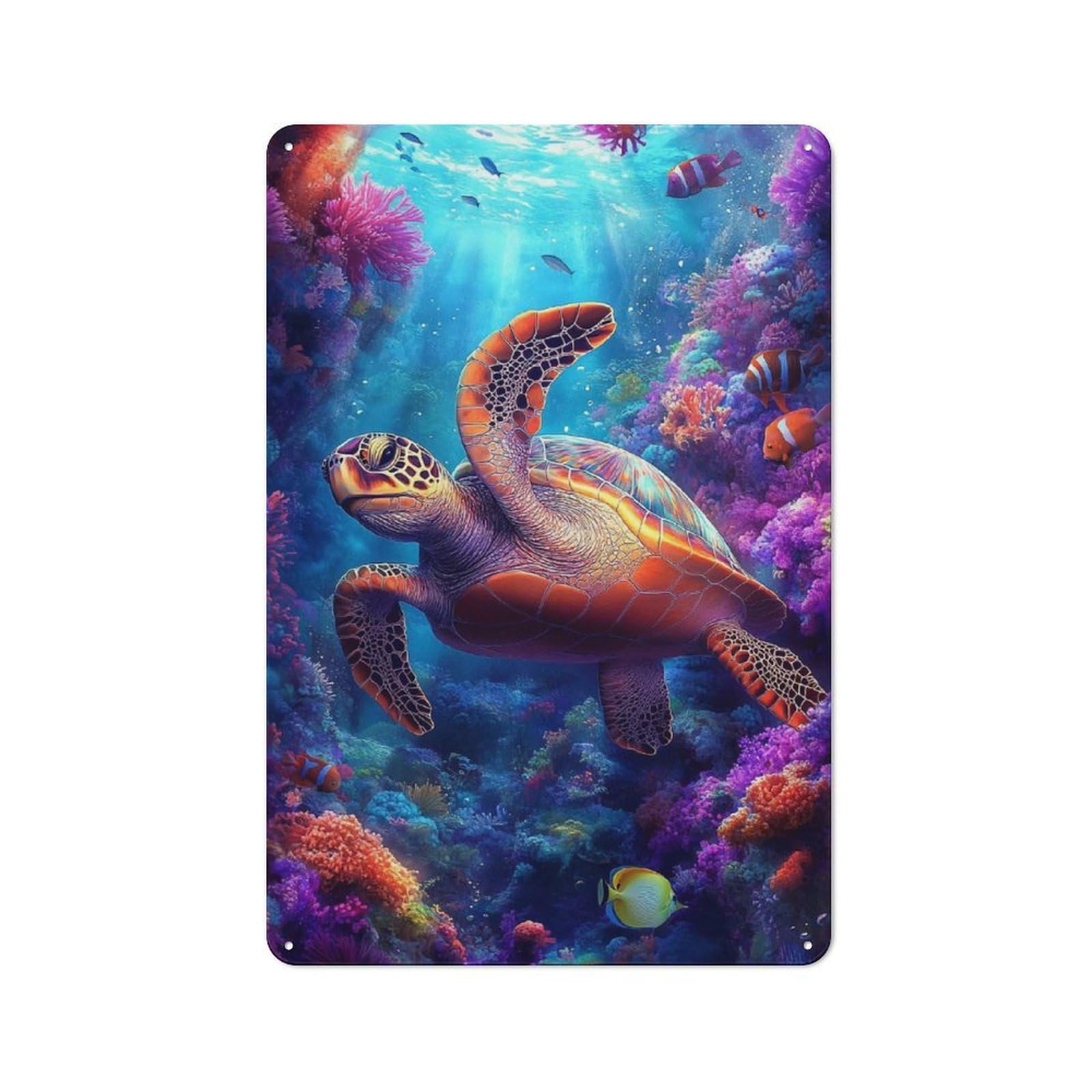 Sea Turtle in Coral Reef Vintage Tin Sign 30x20cm for Lounge Or Reading Corner, for Reading Corner Decorators