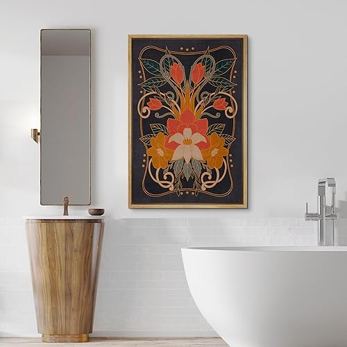 Miniatura 2 de SIGNFORD Lienzo enmarcado para pared, tapiz de flores Art Deco de los años 20, ilustraciones de naturaleza silvestre, estampado botánico floral,