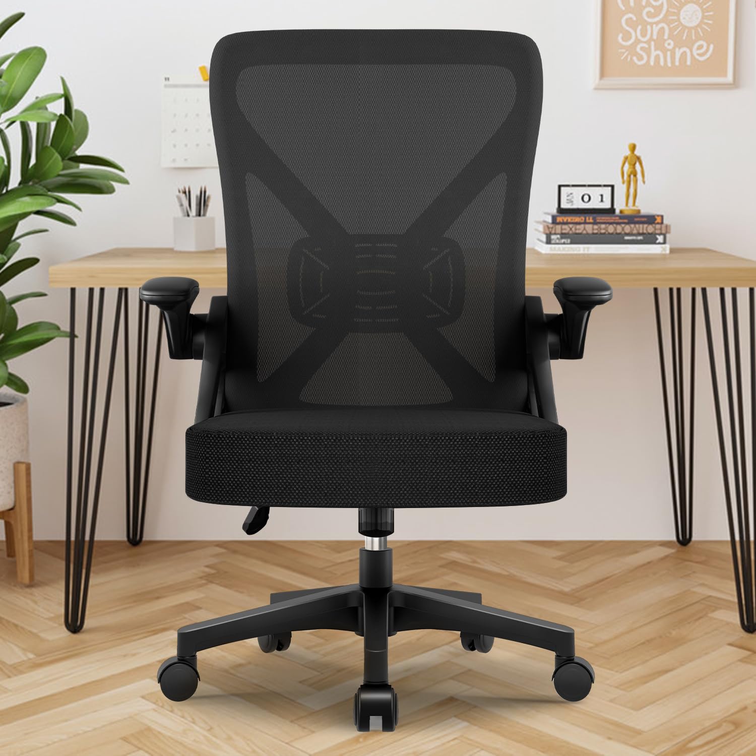 Bürostuhl Ergonomisch,Schreibtischstuhl mit Hochklappbaren Armlehnen,Einstellbare Lendenstütze,Höhenverstellbarer Chefsessel Drehstuhl,Netzstuhl mit Wippfunktion bis 125°,Schwarz