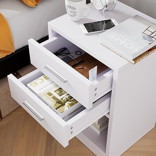 Miniatura 4 de FARDLIFE Mesita de noche con 2 cajones, mesa auxiliar, mesita de noche para dormitorio, color blanco roto con un toque de rosa