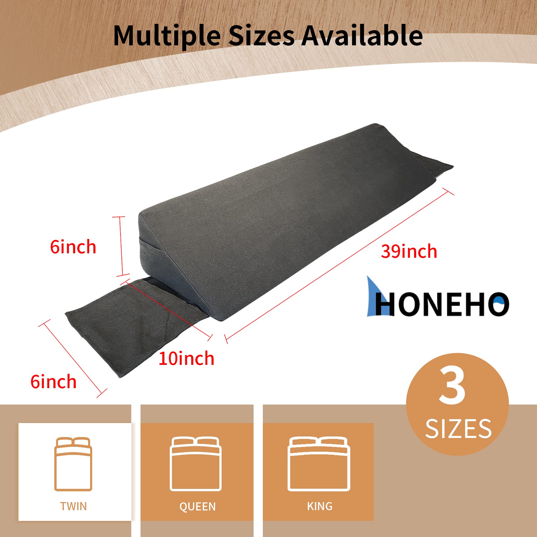 HONEHO Bed Wedge Pillow for Headboard Twin Size(39"x10"x6"), Bed Gap Filler(0-7"), Triangle Pillow Wedge for Sleeping Reading Rest, Between Your Headboard and Mattress(Grey)