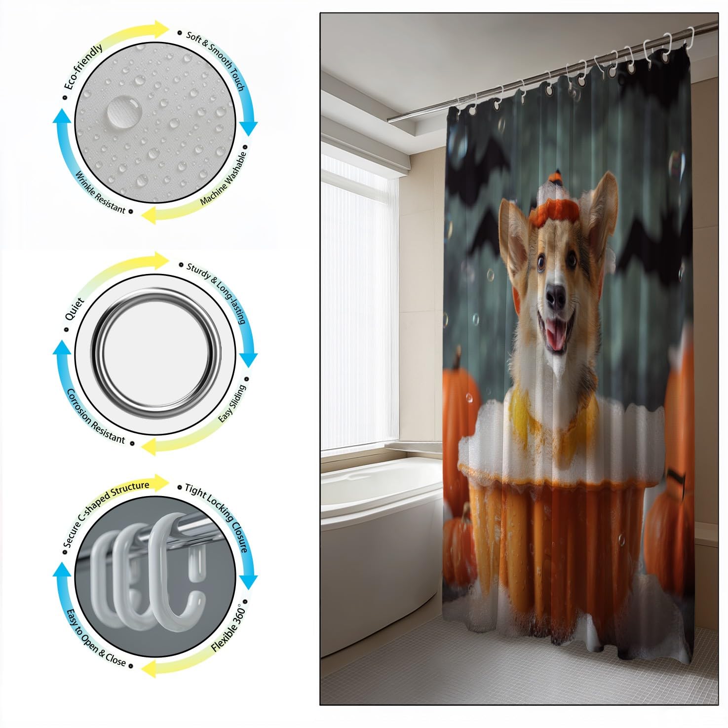 Generico Zasłona prysznicowa 200 x 200 cm, 1 sztuka, miękka mikrofibra, wodoodporna i odporna na pleśń, zmywalna, do łazienki lub wanny, z oczkami i haczykami, pomarańczowa, zwierzęta do kąpieli dla