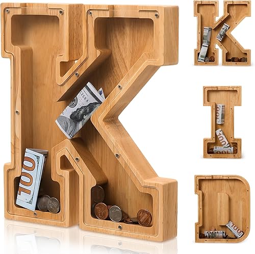 Miniatura 4 de Alcancía de madera con letras para niños, niñas, adultos, 10 pulgadas, grande, 26 letras, irrompible, caja de dinero, caja de dinero personalizada