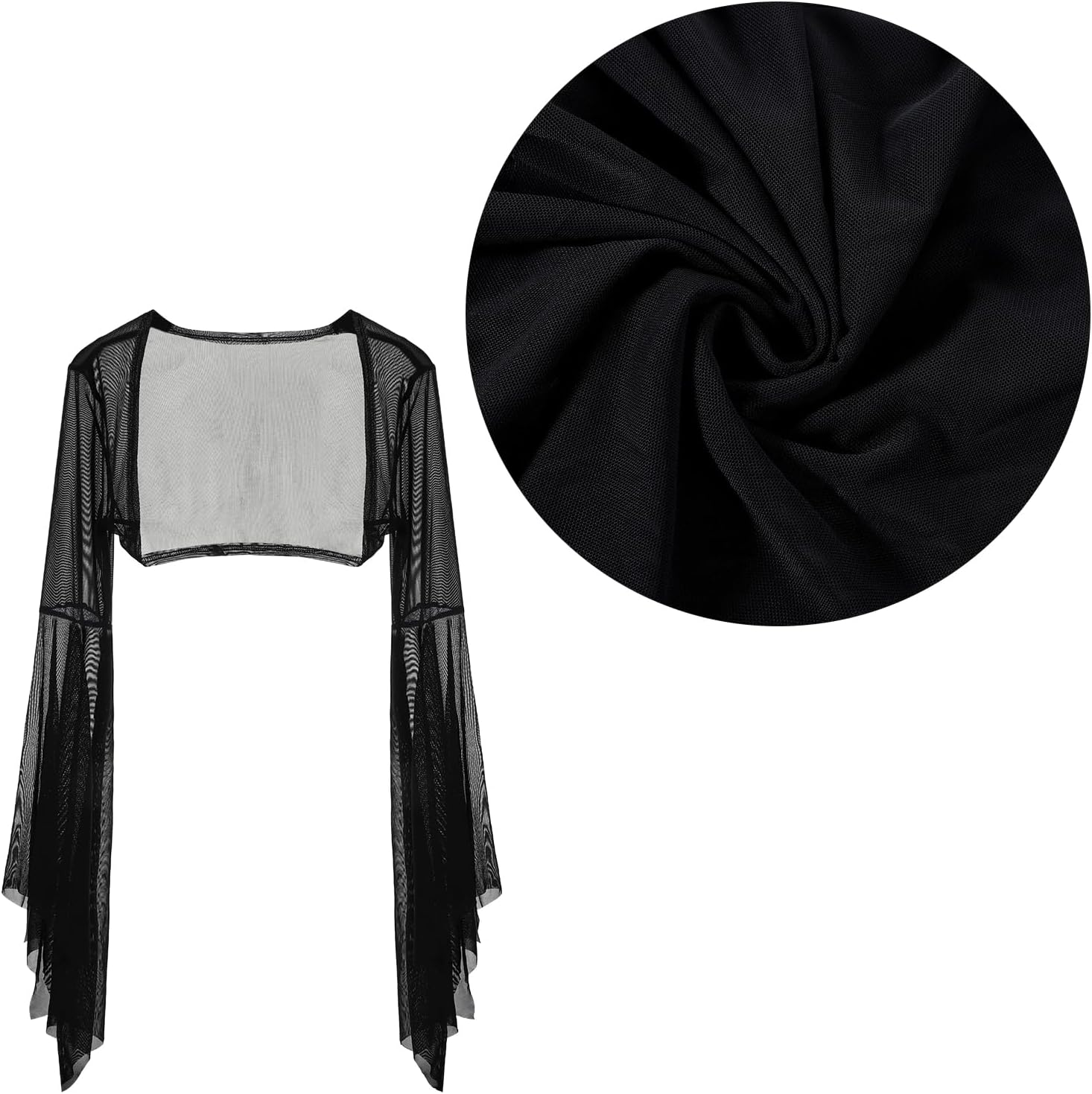 Women's Gothic Lace Shrug Flare Bell Sleeve Crop Top Y2K Fishnet See Through Bolero Steampunk Victorian Style Cardigan
