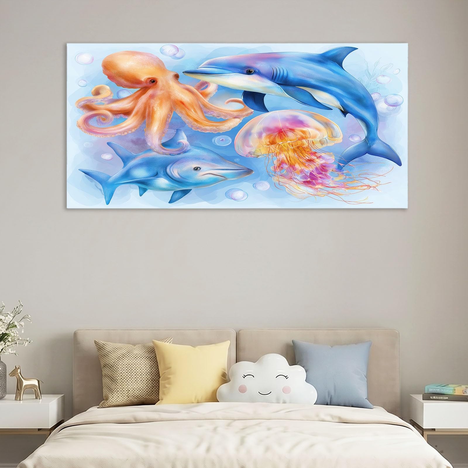 Obraz na płótnie z kreskówki 120 x 60 cm niebieski zwierzę delfin ośmiornica meduza - obraz na płótnie na drewnianej ramie i dekoracja do salonu i sypialni