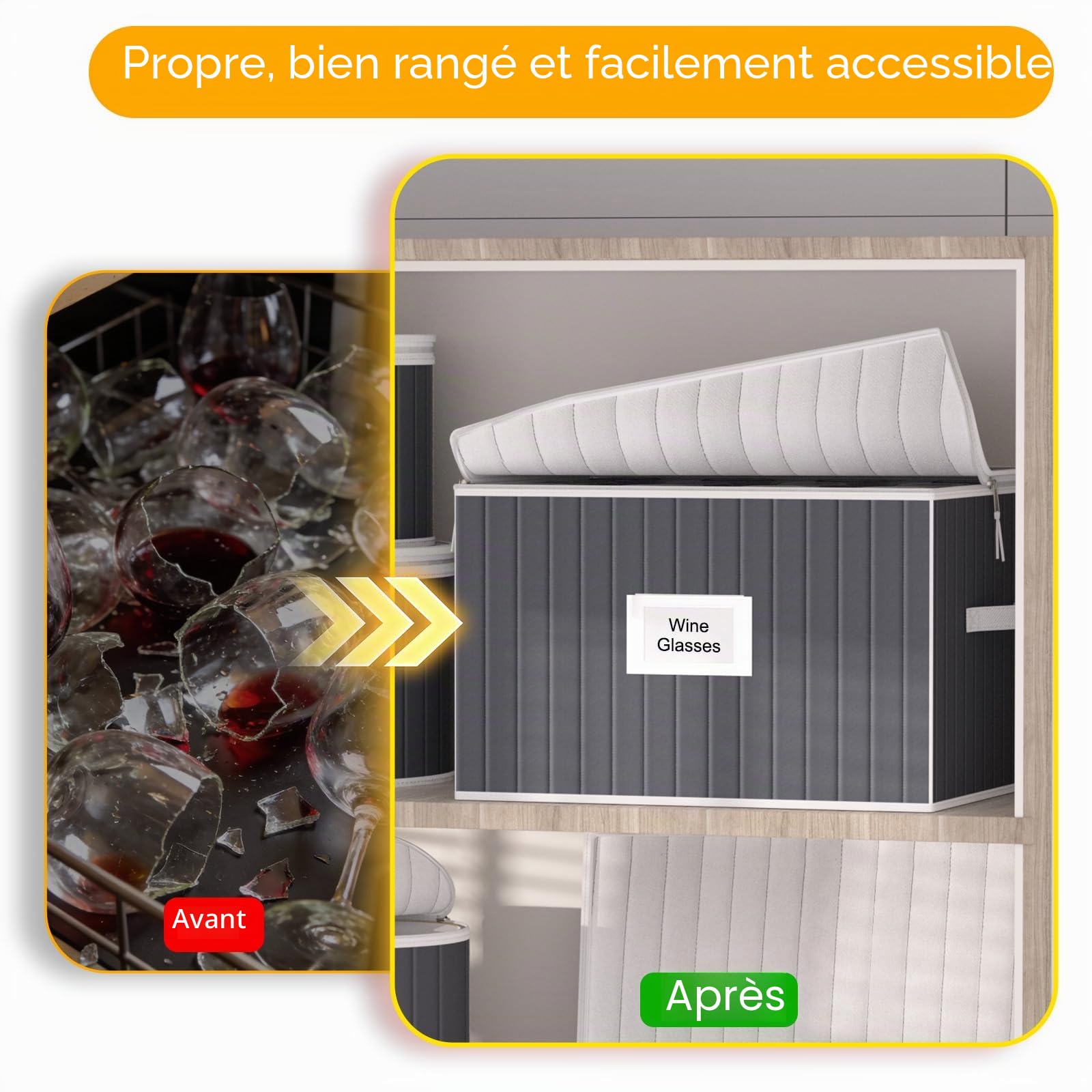 Boîte de rangement pour verres à vin, contenant de rangement en verre avec coque rigide, support latéral et de fond ainsi que des séparateurs rembourrés, lot de verres à pied empilables pour