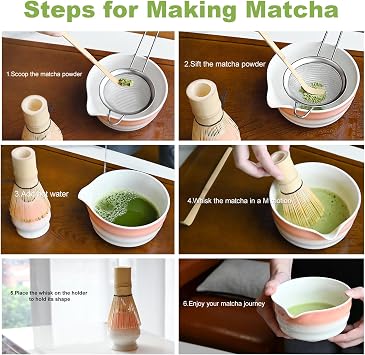 Pink Matcha Whisk Making Set - Japanese Tea Kit with Whisk Bowl and Bamboo Scoop Ceramic Chawan with Spout for Traditional Tea Ceremony Complete Matcha Making Tools Gift for Tea Lovers (Pink, 7 PCS)
