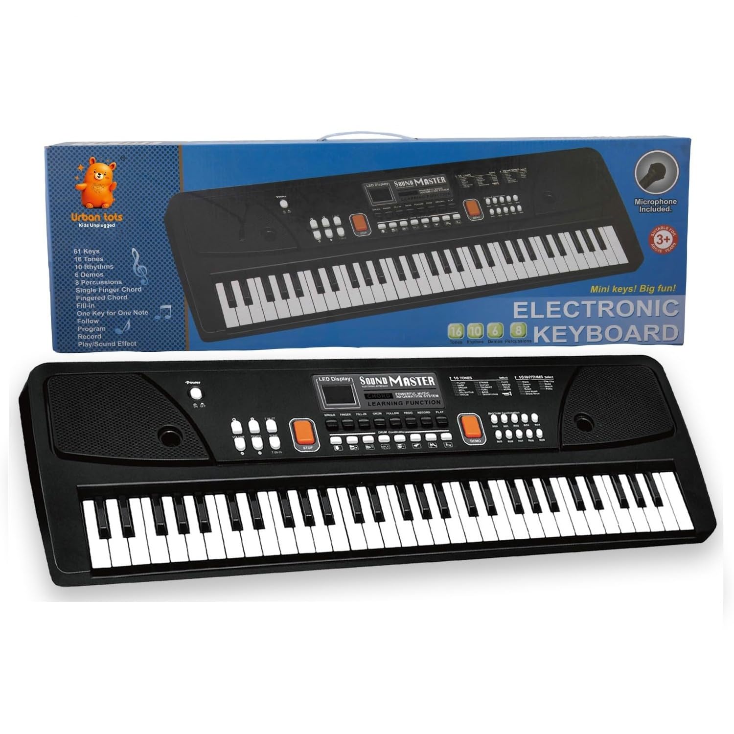 Urban Tots Kids Keyboard Piano with Mic & LCD | 61 Keys Musical Toy with Rhythms, Songs, Recording & Headphone Jack | USB & Battery Operated | Learning Piano for Kids Age 3+ (Big Piano Black)-image-15