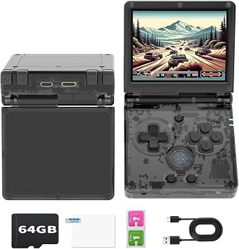 Anbernic RG35XXSP Flip Portable Game Console, Foldable, Retro Game Console, Linux System, 3.5-Inch Screen, Japanese Compatible, WiFi/Bluetooth Function, 3,300 mAh, 64 GB, Transparent Black