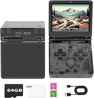 Whatsko RG35XXSP Flip 携带型ゲーム機 折畳みレトロゲーム機 Linuxシステム搭載 3.5インチスクリーン 日本語対応 WiFi/Bluetooth機能 3300mAh 64GB 透明黑