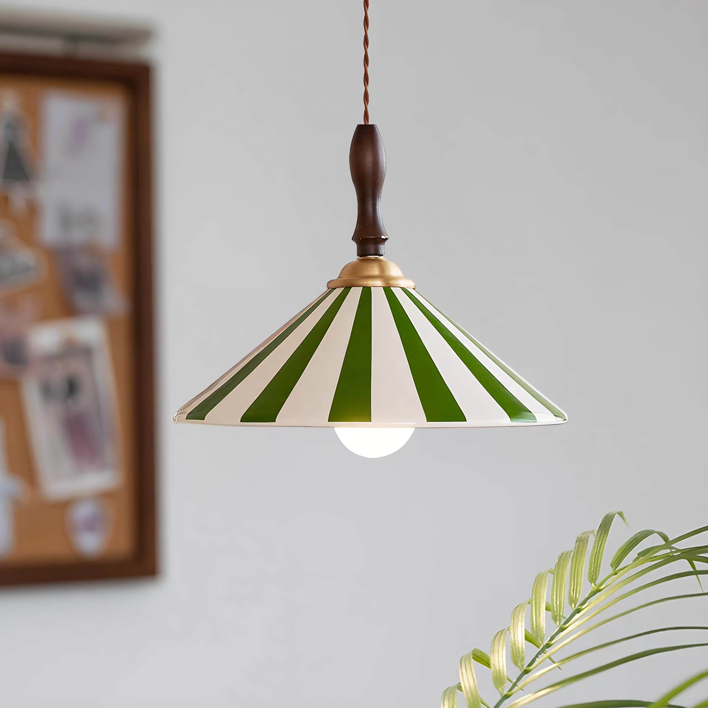 30cm Vintage Keramik Pendelleuchte mit Streifen E27 Fassung Holzbase Höhenverstellbar Moderne Hängelampe für Wohnzimmer Schlafzimmer Küche Esszimmer Café (Grün)