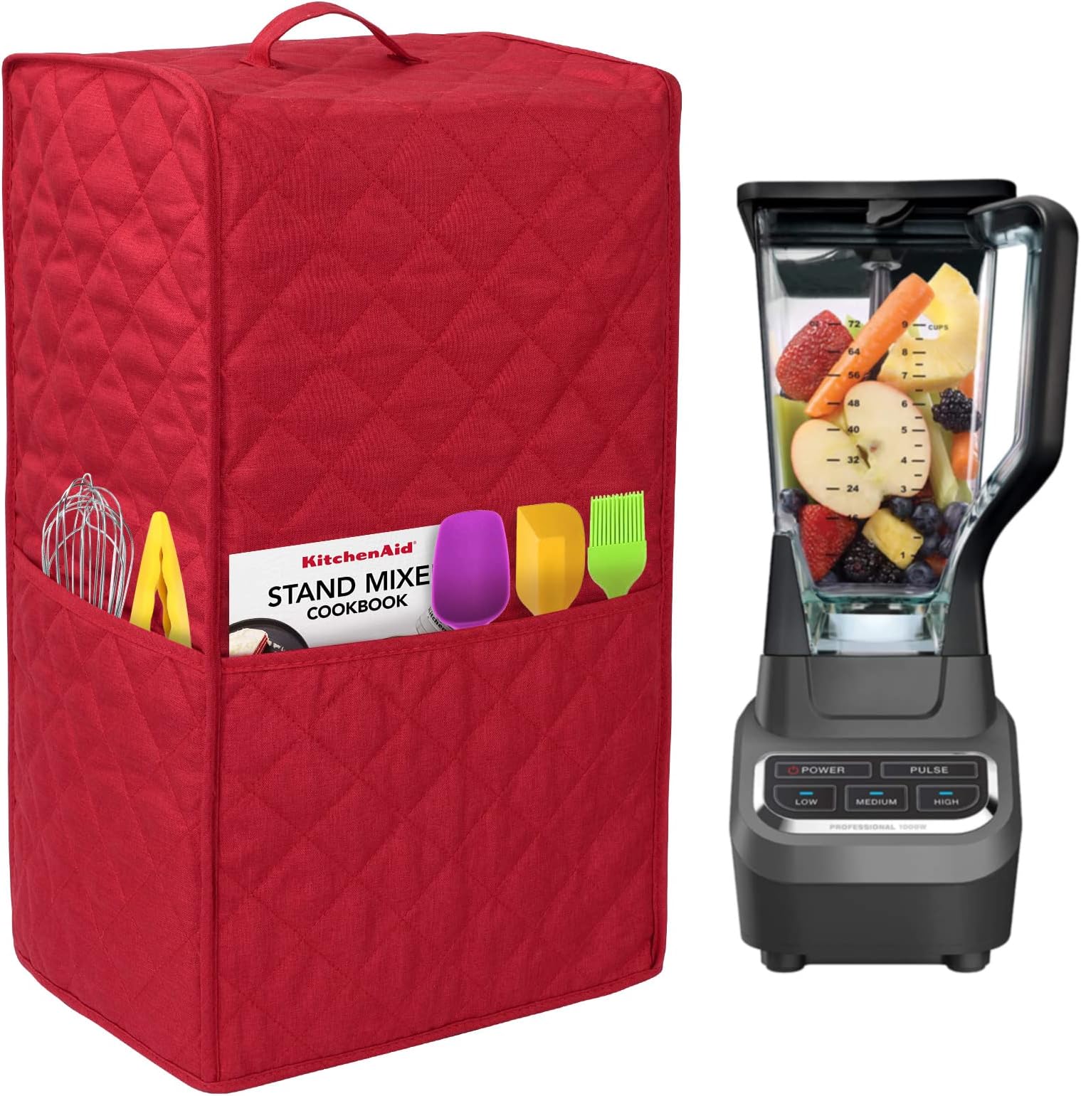 kitchen blender dust cover, blender cover compatible with Ninja Foodi Blender, blender cover for kitchen appliance cover, blender cover with accessory pocket (Red)