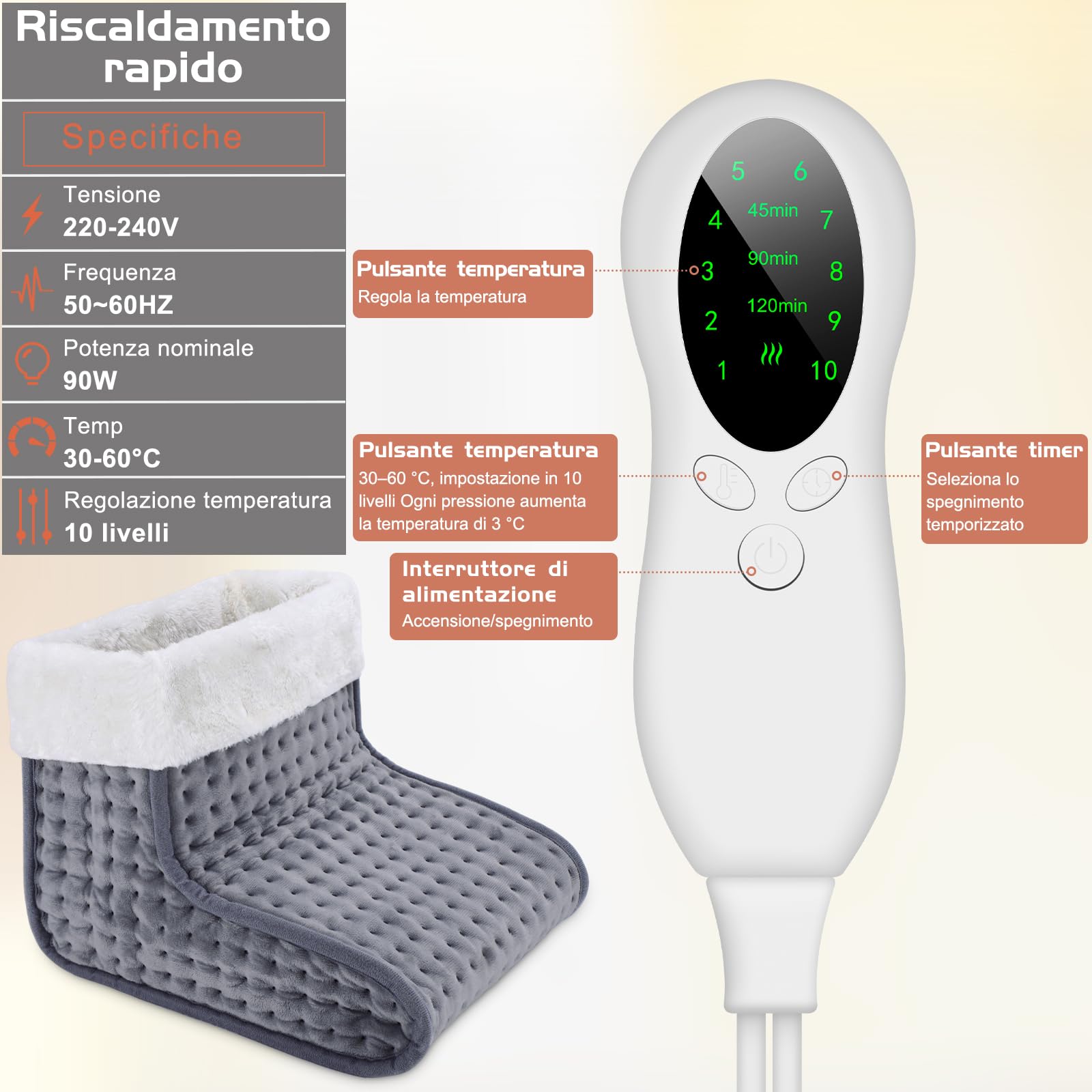 DEWEL Scaldapiedi Elettrico Scaldapiedi con Rivestimento Lavabile, Riscaldamento Rapido a 30-60°C e 10 Livelli di Temperatura Regolabili, Impostazione Intelligente del Timer, Marrone