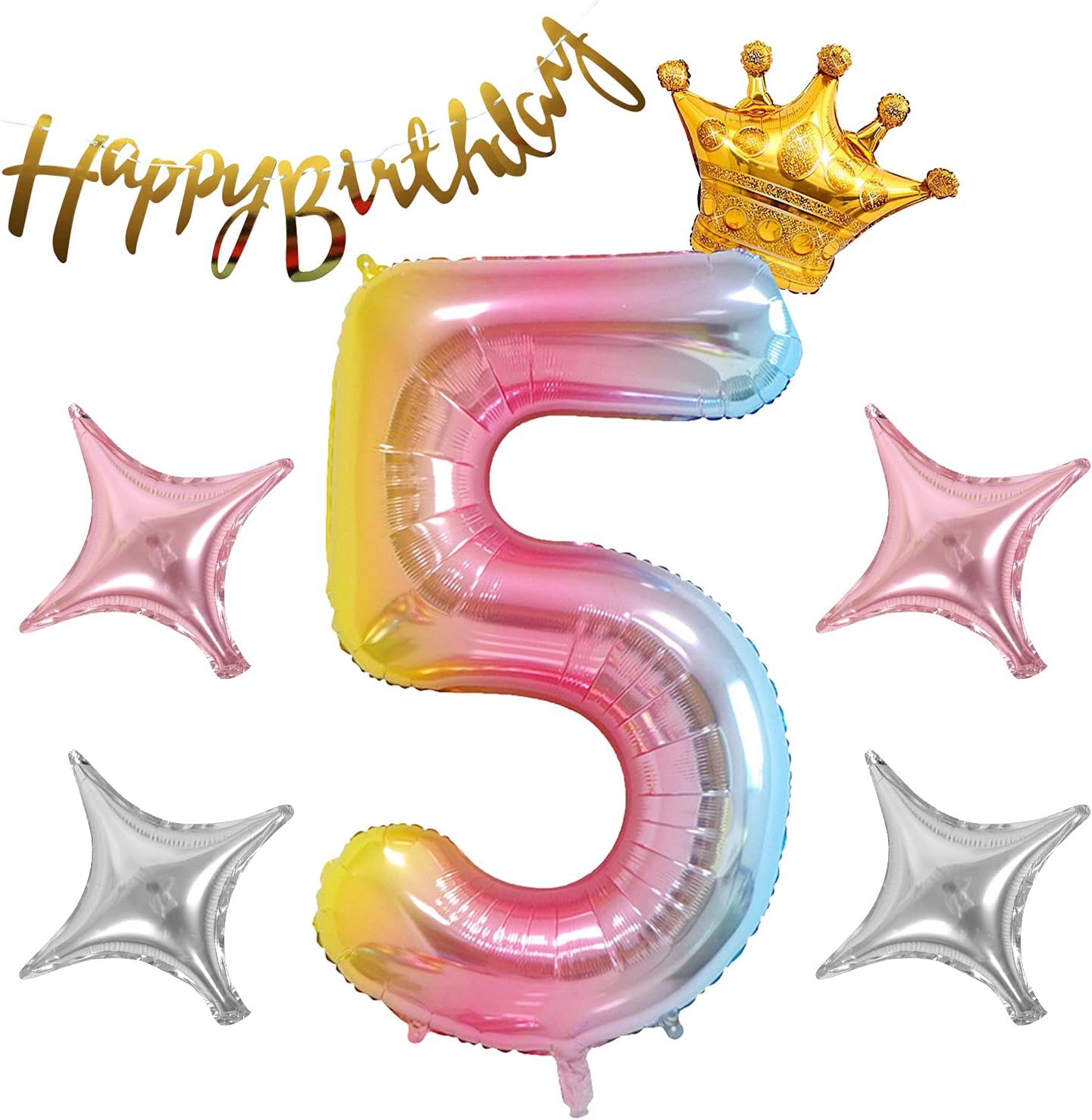5th Birthday Party Decorations Kit - 32 Inch Digital Crown Foil Number Balloons with Happy Birthday Banner, Star Foil Balloon, Party Supplies Set for Birthday Shower Wedding Decoration