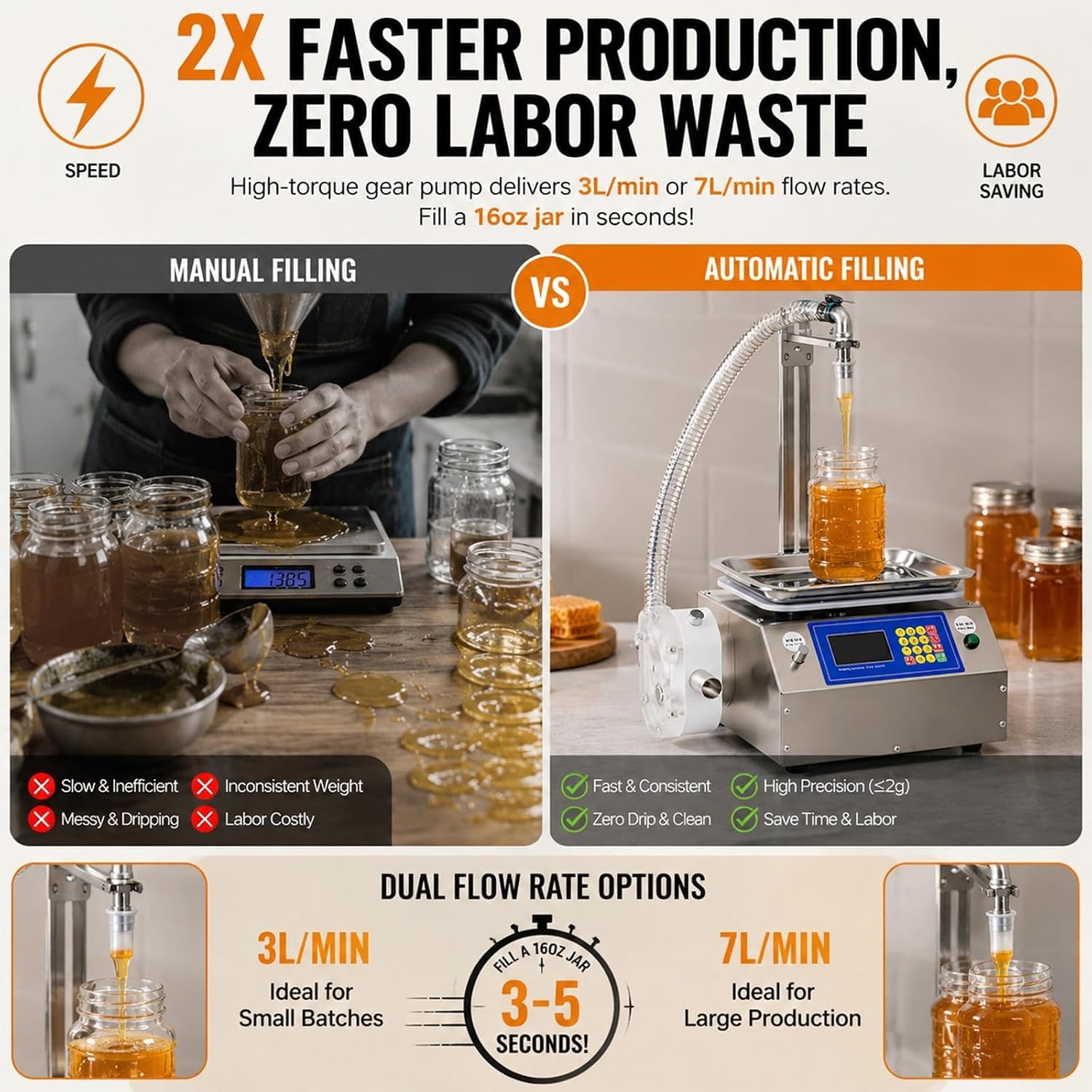 KEhtu Automatyczna maszyna do napełniania miodem (10 g – 10 kg), inteligentny napełniacz butelek z przezroczystą pompką zębatą do płynów wiskozowych, past, masła sezamowego, sosów, 7 l/min