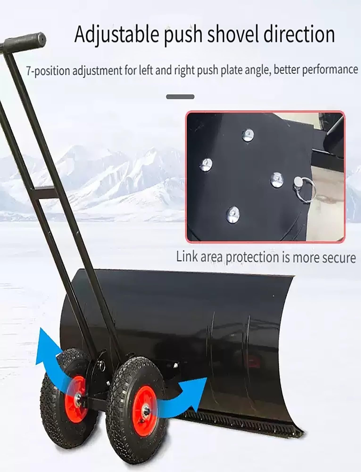 Empujador de nieve resistente con mango de altura ajustable y hoja direccional para una limpieza eficiente de caminos y caminos