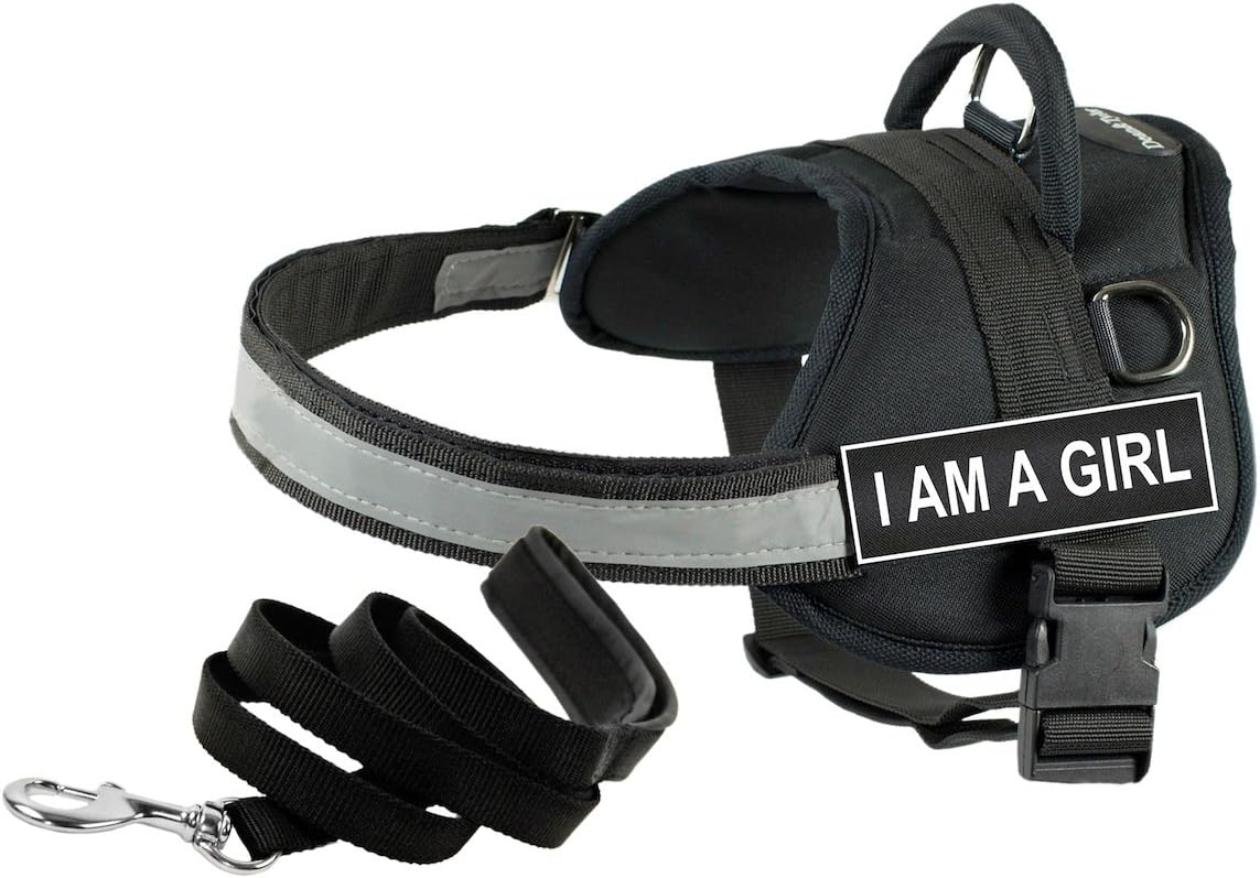Dean & Tyler Bundle One "DT Works" 34 to 47-Inch "I am a Girl" Pet Harness with One "Padded Puppy" 6-Feet Stainless Steel Snap Pet Leash, Large, Black